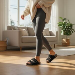 NWT Women’s Fluffy Fur Buckle Slides Black Soft Comfy Slippers Size 6